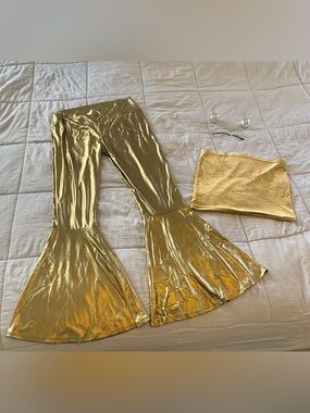 Suitsupply Metallic Gold Flare Pants - Shimmer Bell-Bottoms and top with acces…